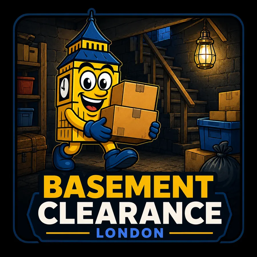 Basement Ben carrying boxes during a basement clearance in London