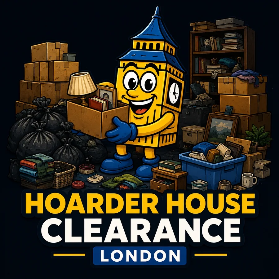 Big Ben mascot helping with a sensitive hoarder house clearance in London